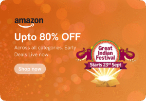 A colorful graphic with a gift box and shopping bag, promoting extra discounts and coupon codes for the Amazon Great Indian Festival Sale 2025. The image includes the FishMyDeal logo and text like 