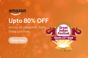 A colorful graphic with a gift box and shopping bag, promoting extra discounts and coupon codes for the Amazon Great Indian Festival Sale 2025. The image includes the FishMyDeal logo and text like "Extra Savings" and "Upto 80% OFF.