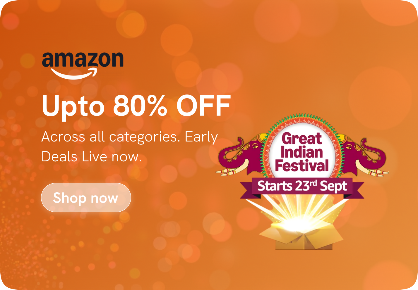 A colorful graphic with a gift box and shopping bag, promoting extra discounts and coupon codes for the Amazon Great Indian Festival Sale 2025. The image includes the FishMyDeal logo and text like "Extra Savings" and "Upto 80% OFF.